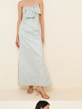 Strapless Light Blue Metallic Floral Maxi Skirt